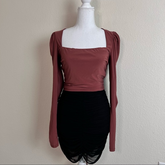 NWT Marsala Brown Puff Sleeve Square Neck Lace Up Long Sleeve Crop Top - Picture 4 of 15